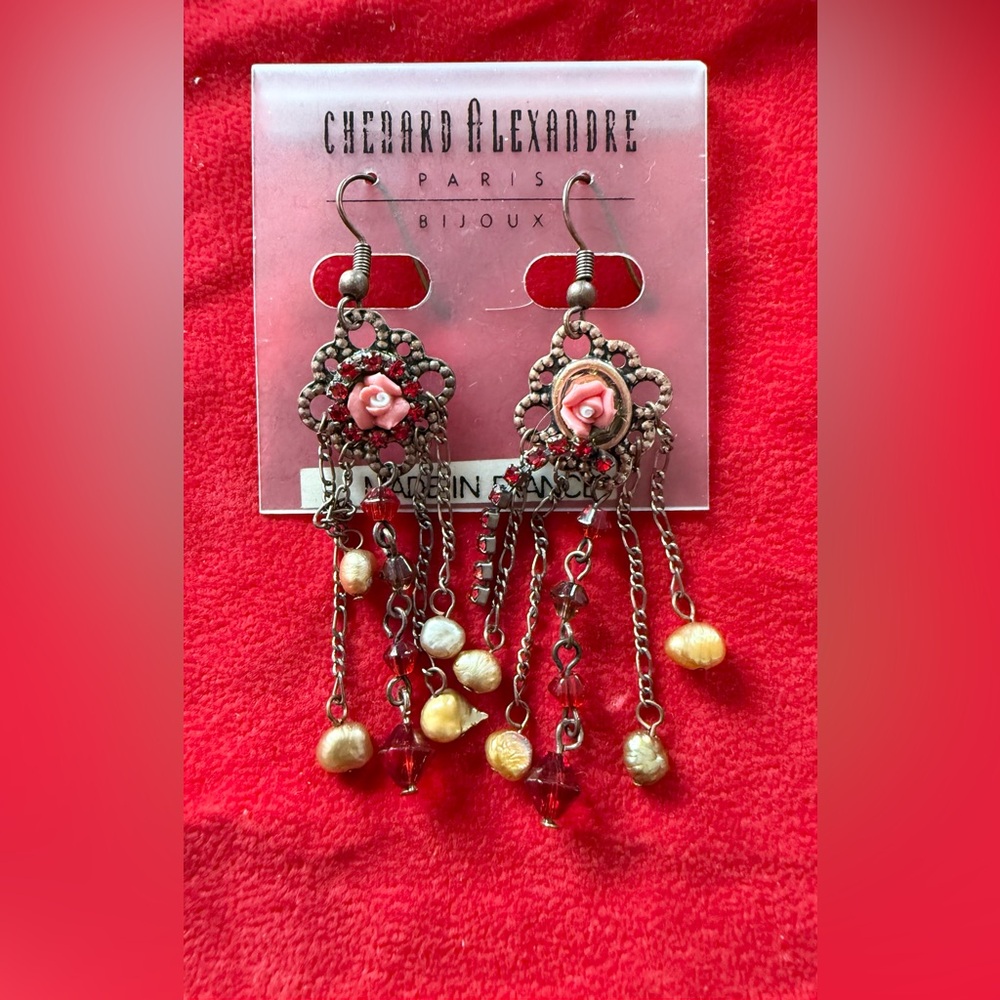 New CHENARD ALEXANDRE PARIS Red Crystals with Pink Rose and Beads Earrings